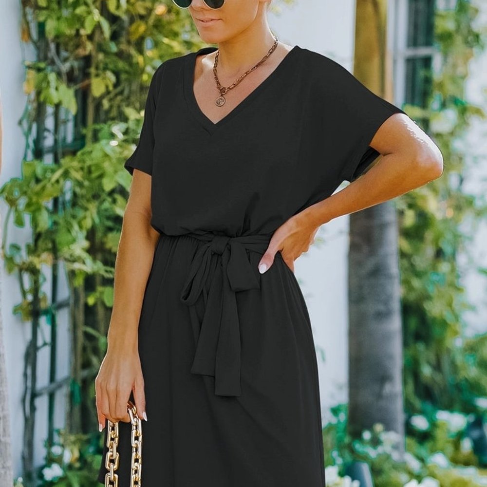 Black V Neck Waist Tie Mini Dress
